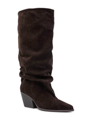 Dunkelbraune Stiefel mit Blockabsatz und Cowboy-Details