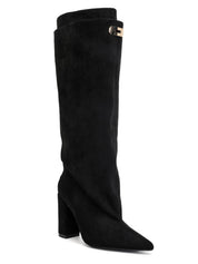 Schwarze Wildlederstiefel mit Blockabsatz