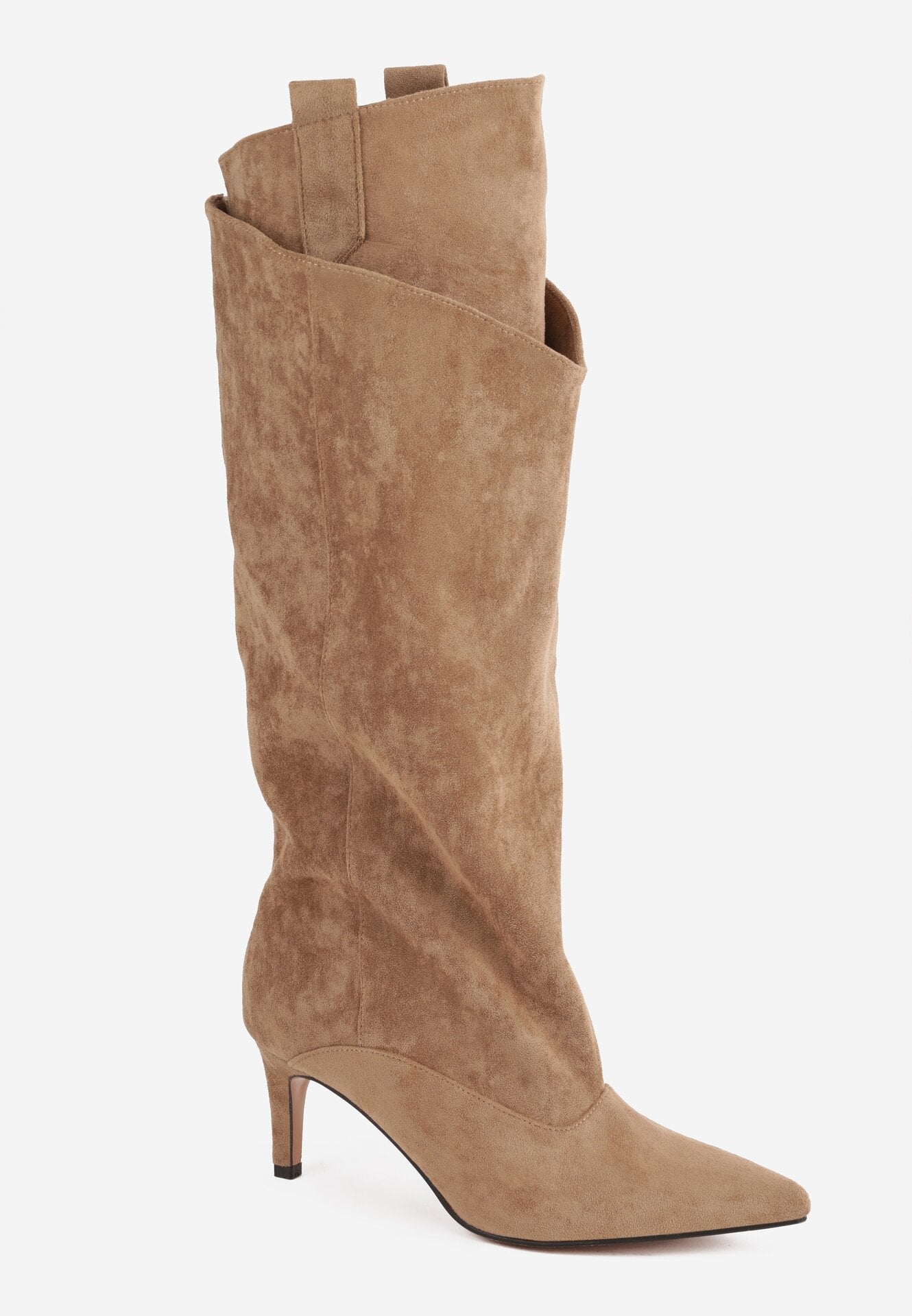 Khakifarbene hohe Stiefel mit dünnem Absatz