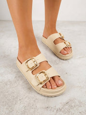 Beige flache Plateau-Pantoletten
