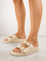 Beige flache Plateau-Pantoletten