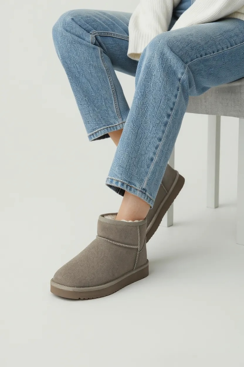 Khakifarbene warme Stiefeletten aus echtem Leder