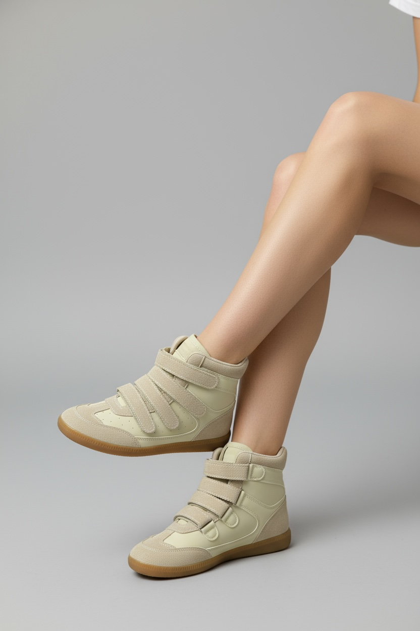 Khakifarbene Sneaker mit Klettverschluss