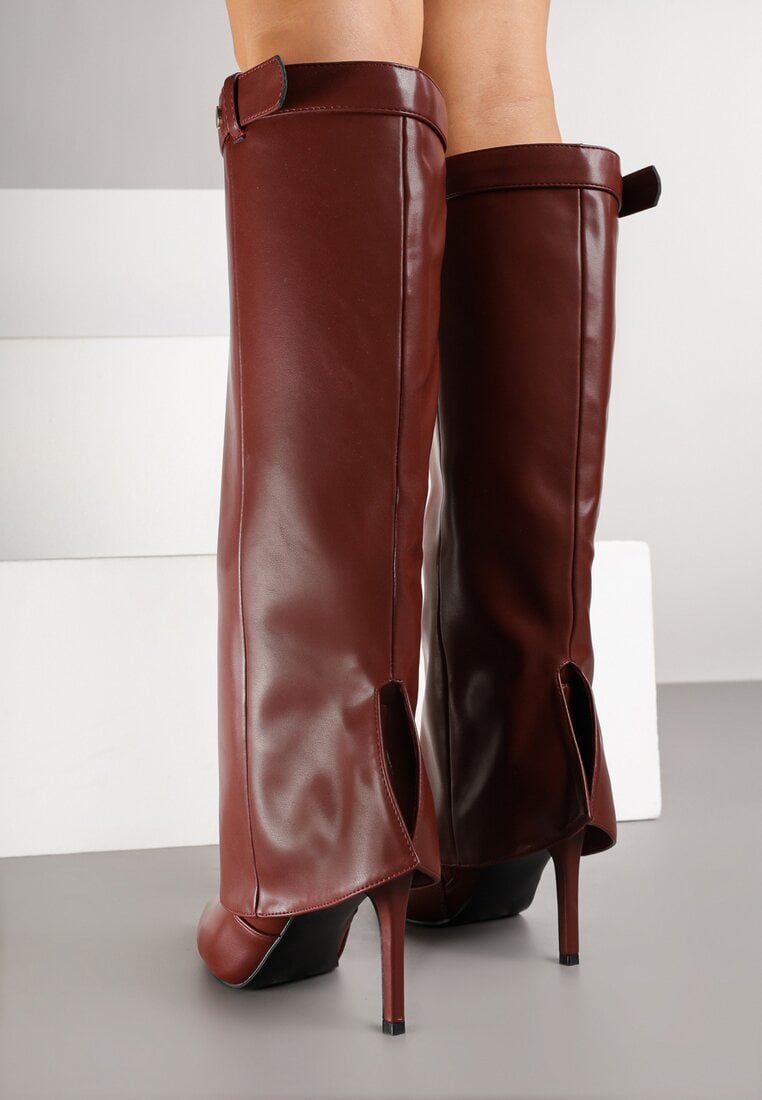Bordeauxrote Stiefel mit Umschlag und dünnem Absatz
