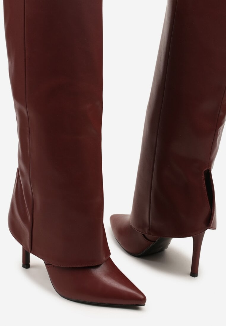 Bordeauxrote Stiefel mit Umschlag und dünnem Absatz