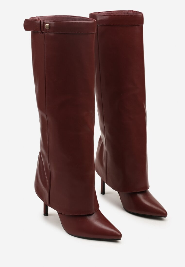 Bordeauxrote Stiefel mit Umschlag und dünnem Absatz