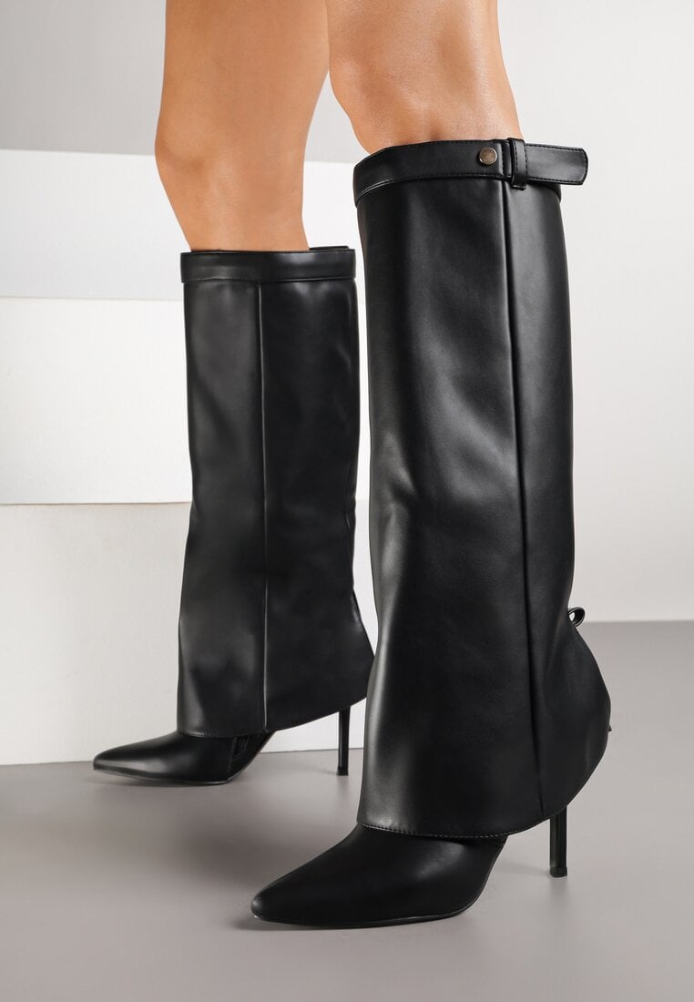 Schwarze Stiefel mit Umschlag und dünnem Absatz