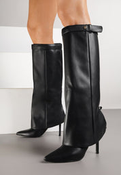 Schwarze Stiefel mit Umschlag und dünnem Absatz