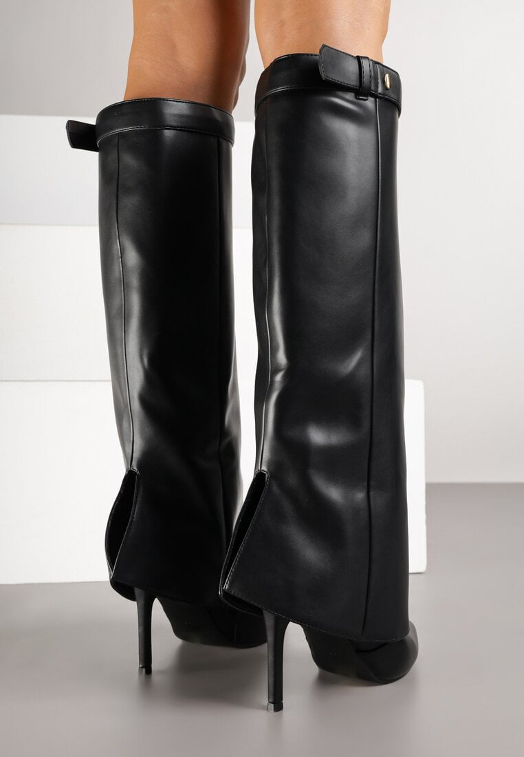 Schwarze Stiefel mit Umschlag und dünnem Absatz