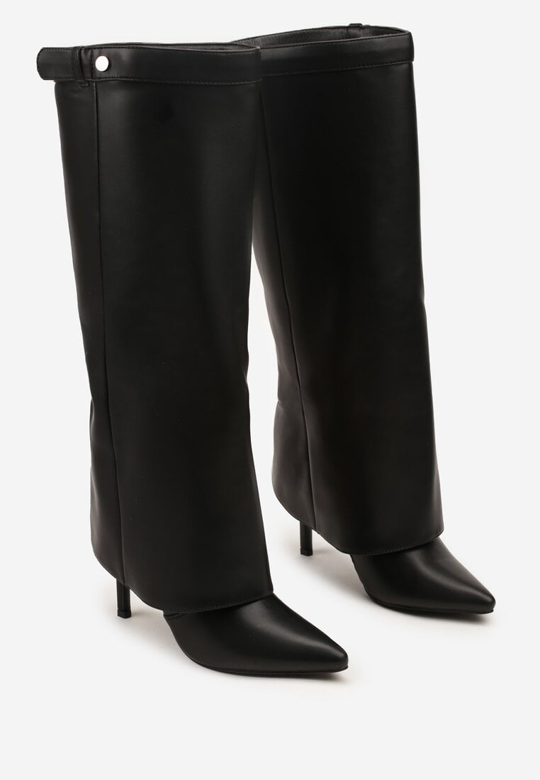 Schwarze Stiefel mit Umschlag und dünnem Absatz