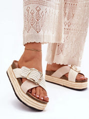 Beige flache Plateau-Pantoletten