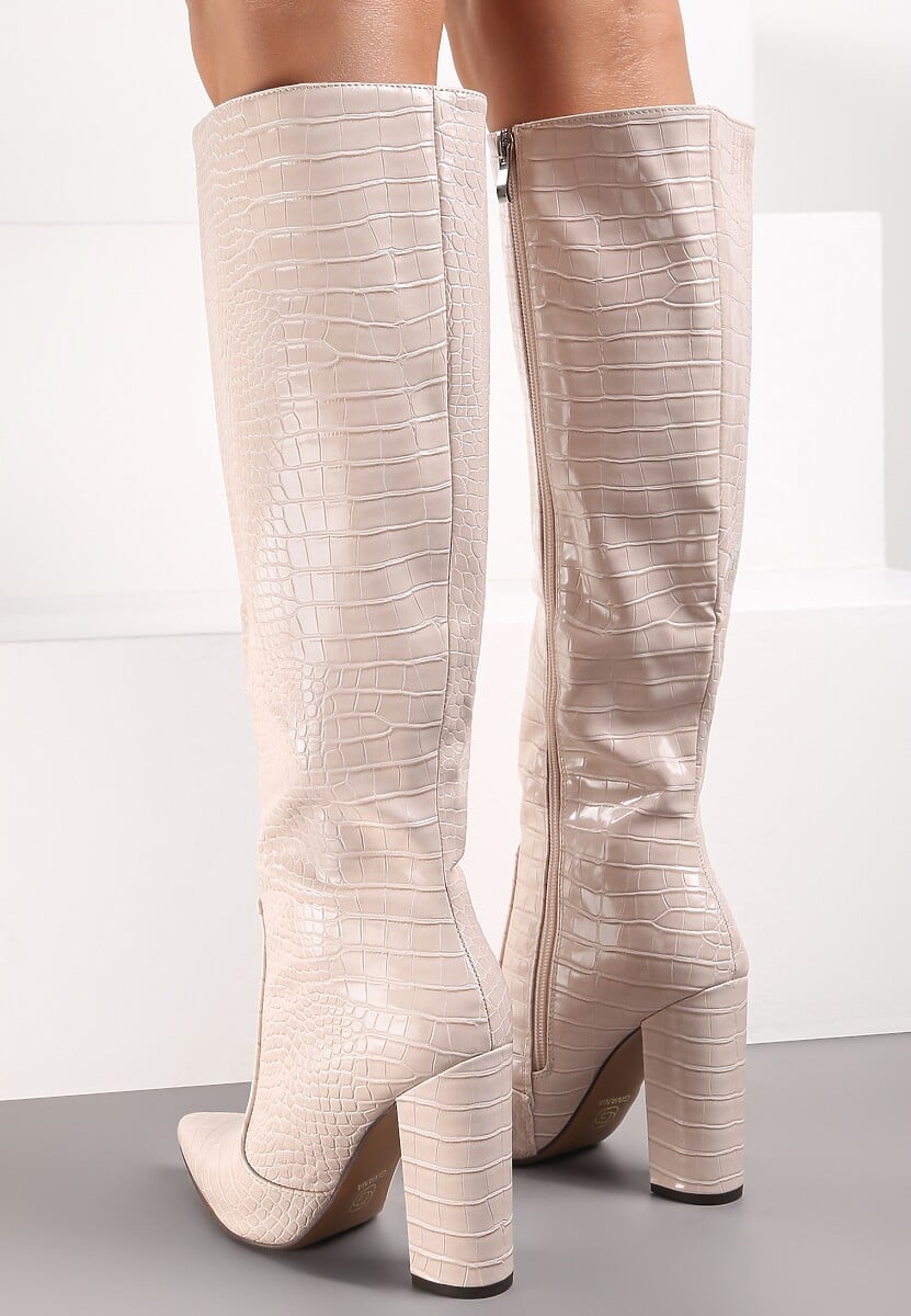 Beigefarbene Krokodilleder-Stiefel mit Blockabsatz