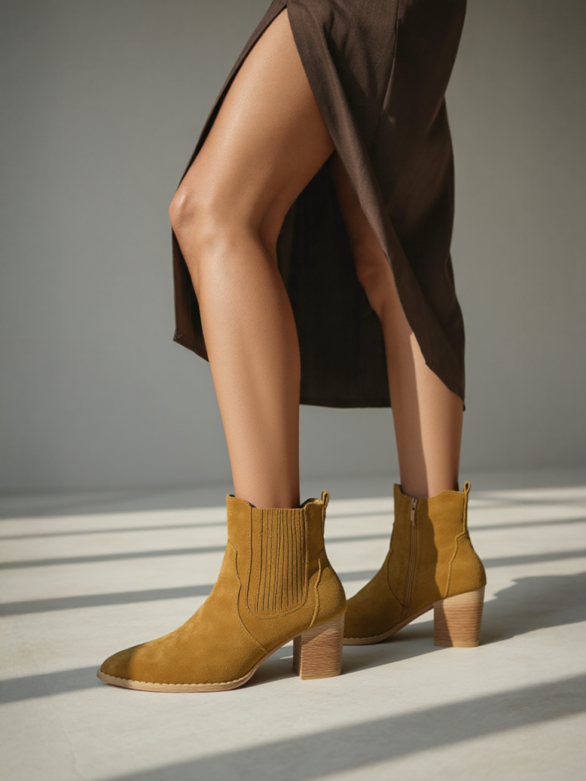 Kamelfarbene Stiefeletten mit Blockabsatz
