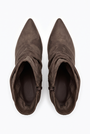 Braune geraffte Stiefeletten mit Pfennigabsatz