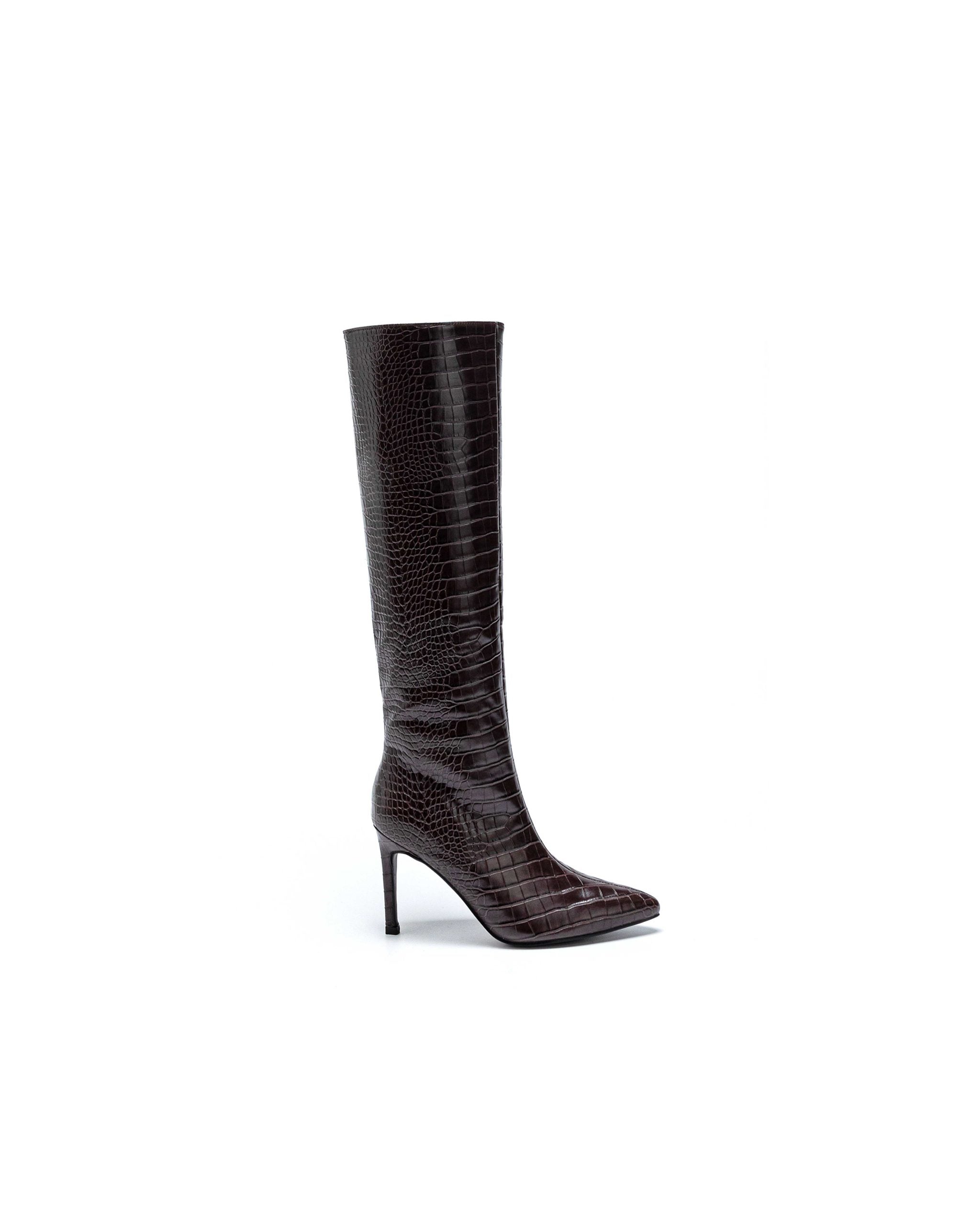 Braune Kroko-Stiefel mit dünnem Absatz